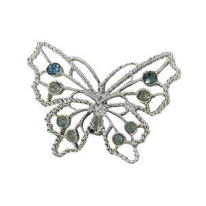 Vintage Butterfly Brooch Silvertone with Clear Rhinestones 2.25"